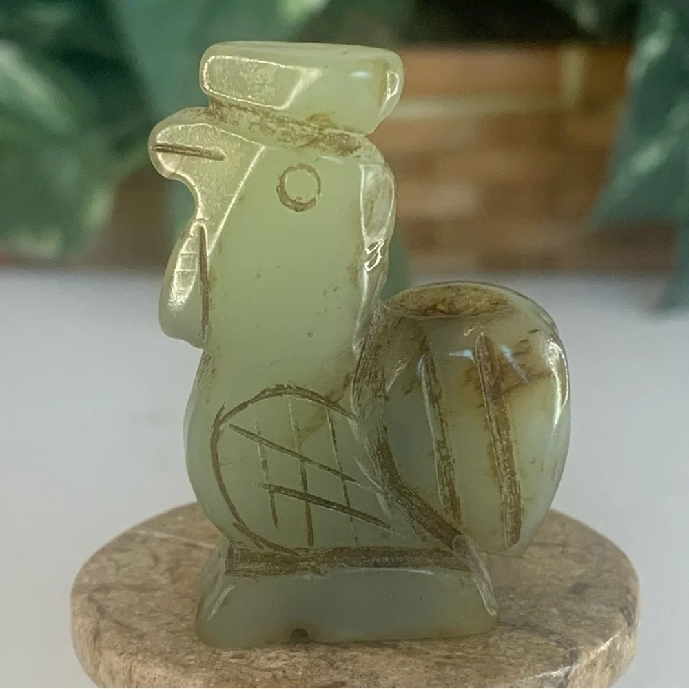 Vintage Chinese Zodiac Jade Rooster Pendant Bead Hand Carved Miniature Animal
